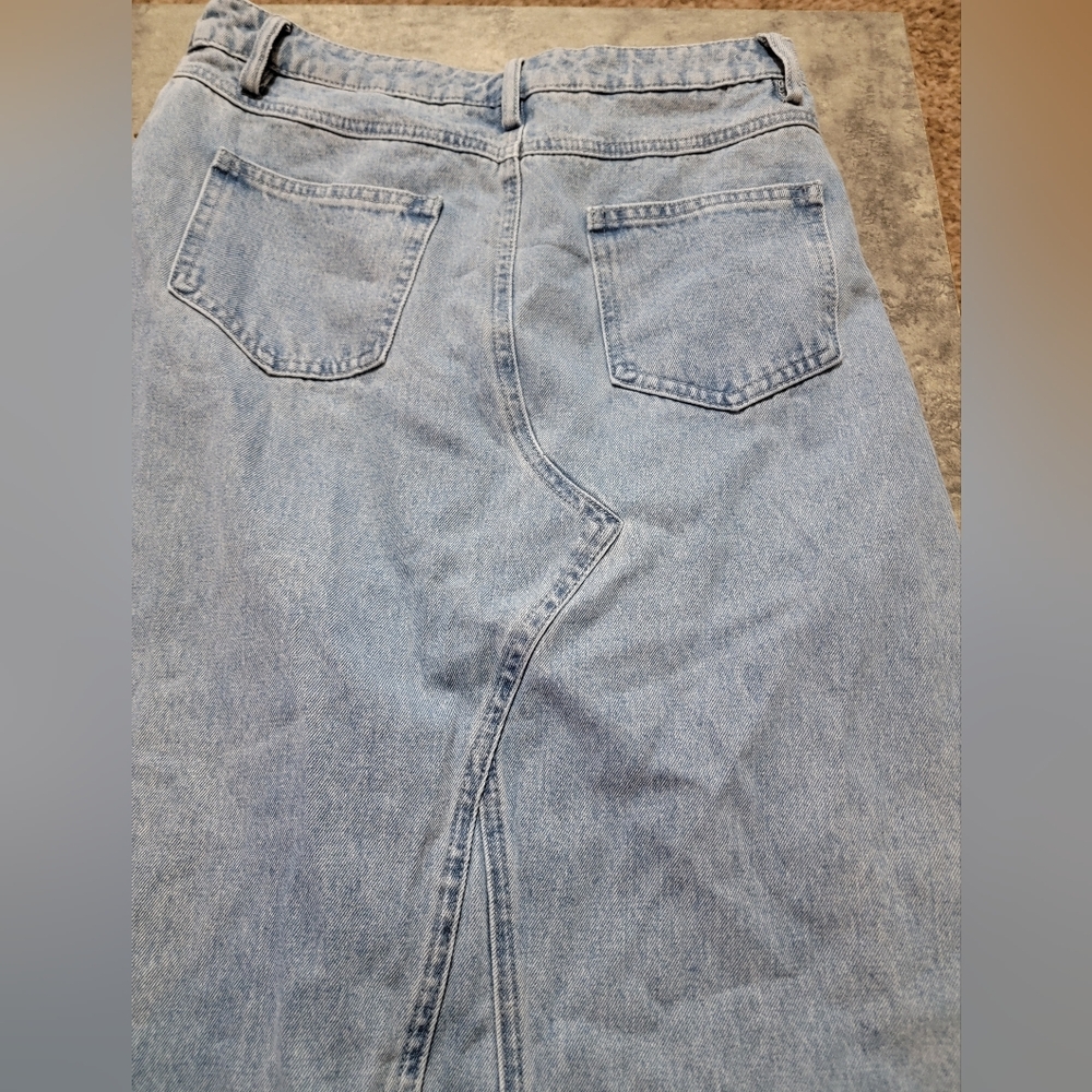 Dressed in LALA NWT Denim Maxi Skirt Light Wash Front Slit Asymmetric Waist - Picture 6 of 8